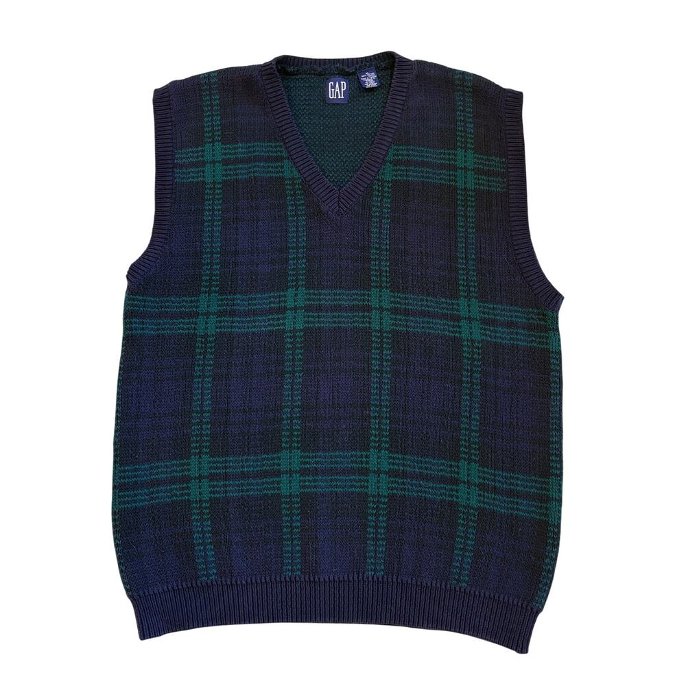 Vintage Gap Sweater Vest Mens XL Blue Green Tartan Plaid Knit V Neck Preppy 90s